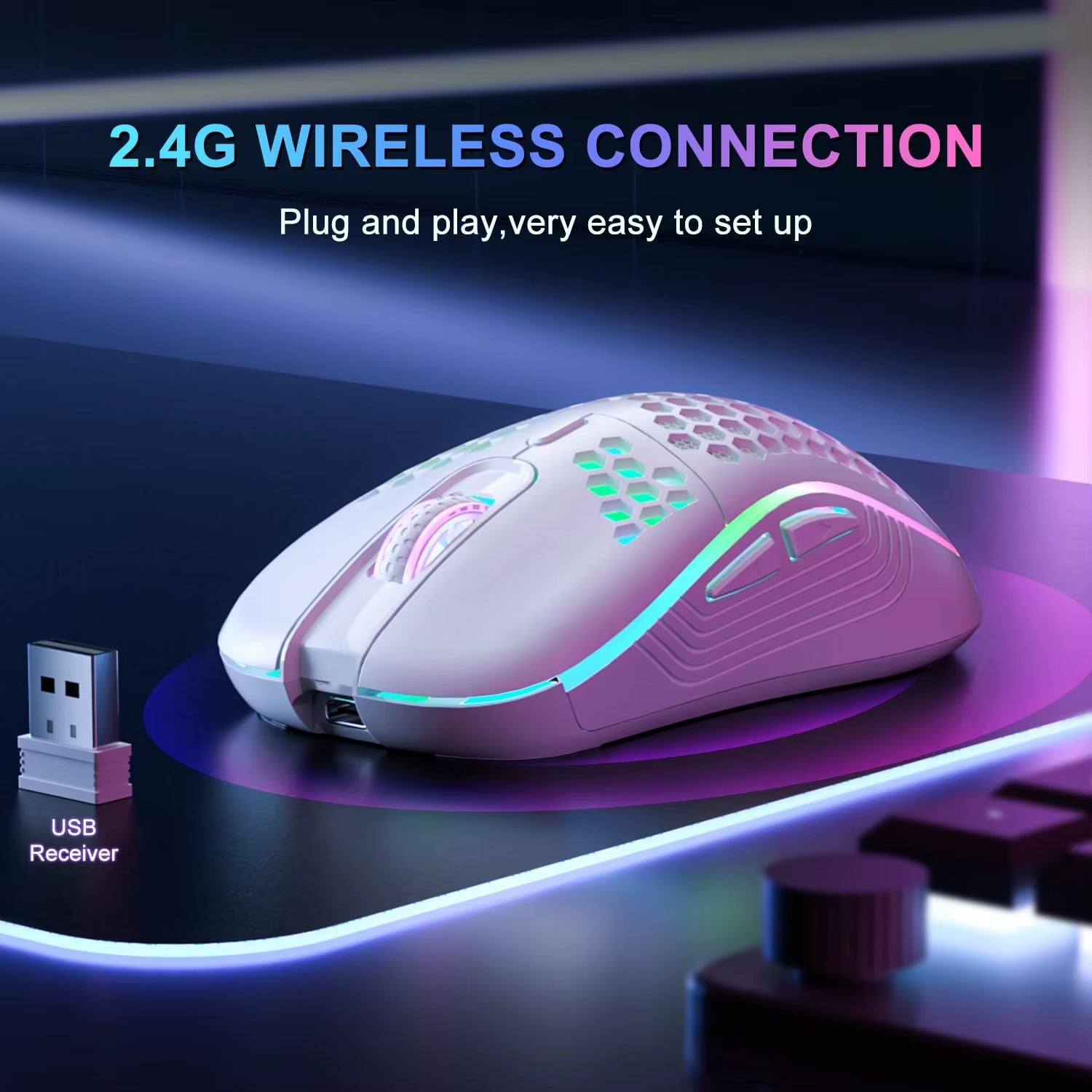 2.4G Wireless Mouse with RGB Backlit 6-Button 3-Speed DPI Type C Rechargeable Ergonomic Honeycomb Design Gaming Mouse - bys-store-3044800-396219