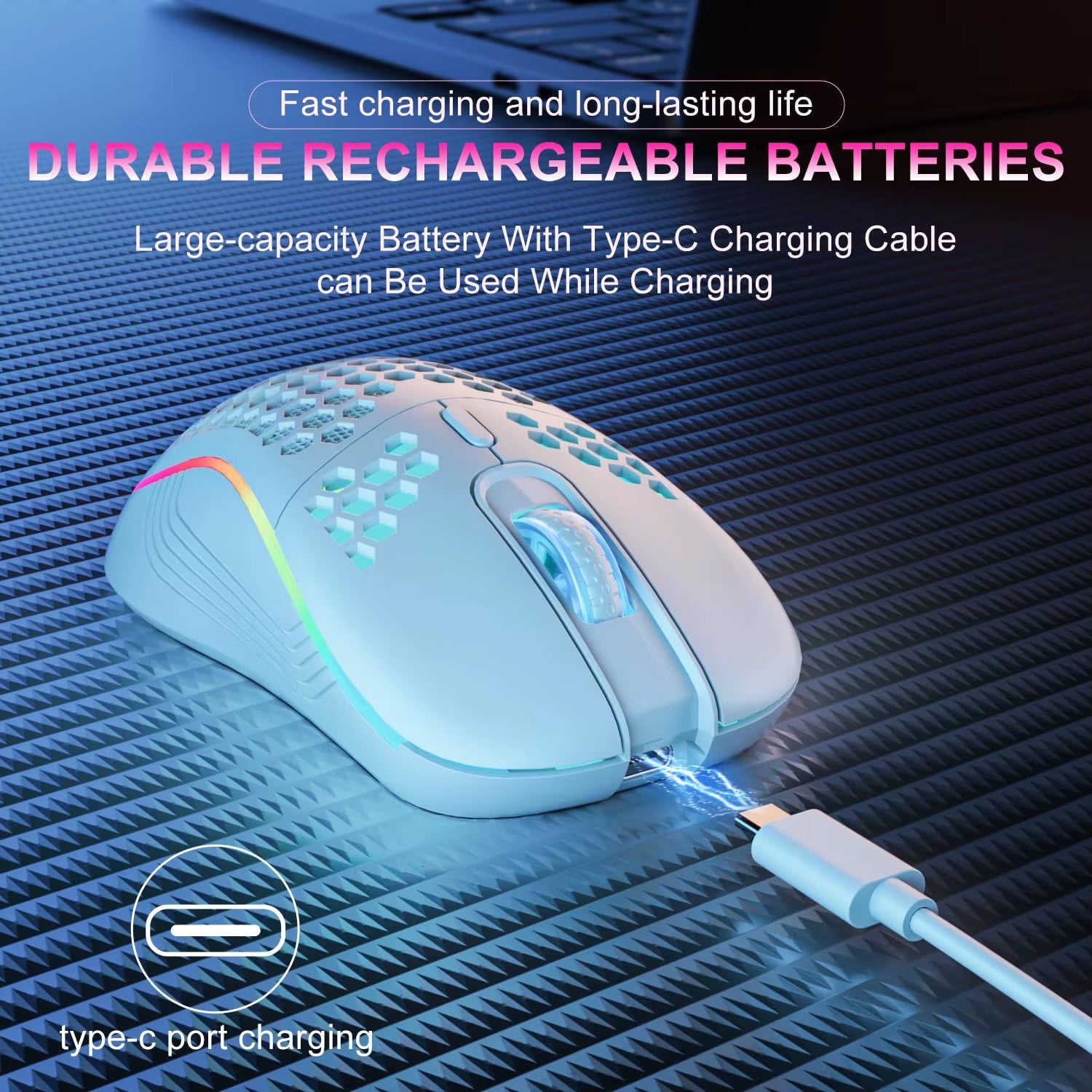 2.4G Wireless Mouse with RGB Backlit 6-Button 3-Speed DPI Type C Rechargeable Ergonomic Honeycomb Design Gaming Mouse - bys-store-3044800-396219